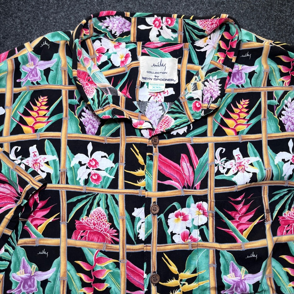 Reyn Spooner Shirt Mens XXL Black Floral Bamboo Rayon Excellent Miki Collection